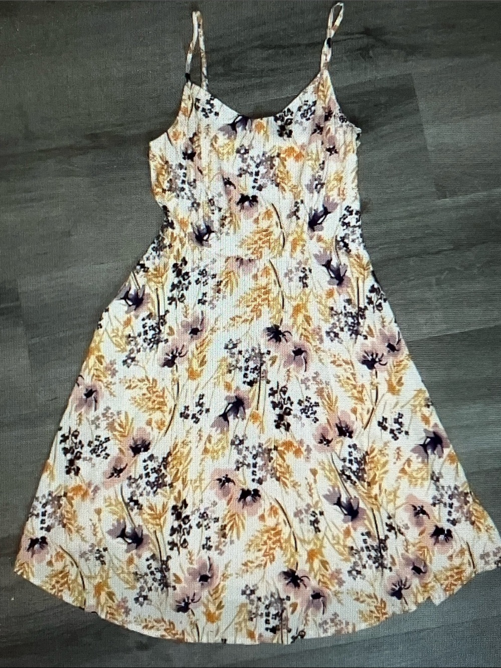 Old Navy White Midi Dress with Yellow and Purple Floral Pattern